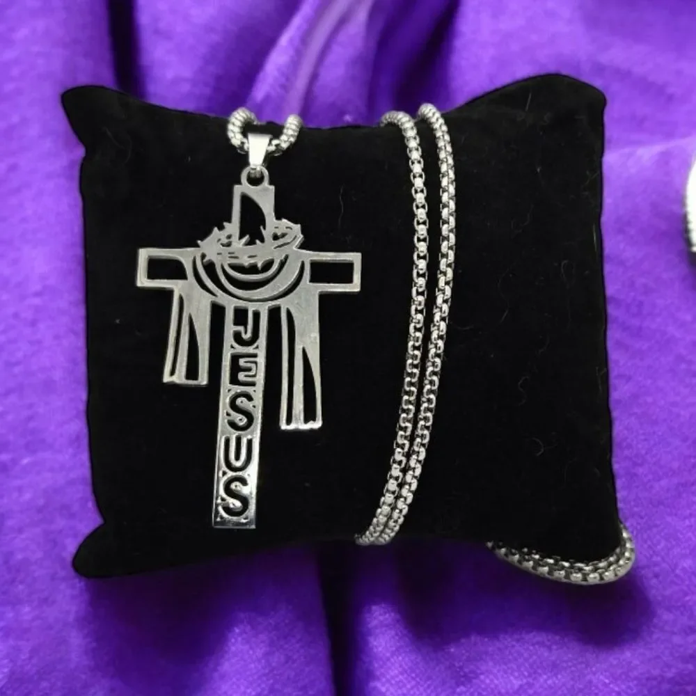 Crown of Thorns Cross Pendant Necklace Stainless Steel Christian Easter Jewelry